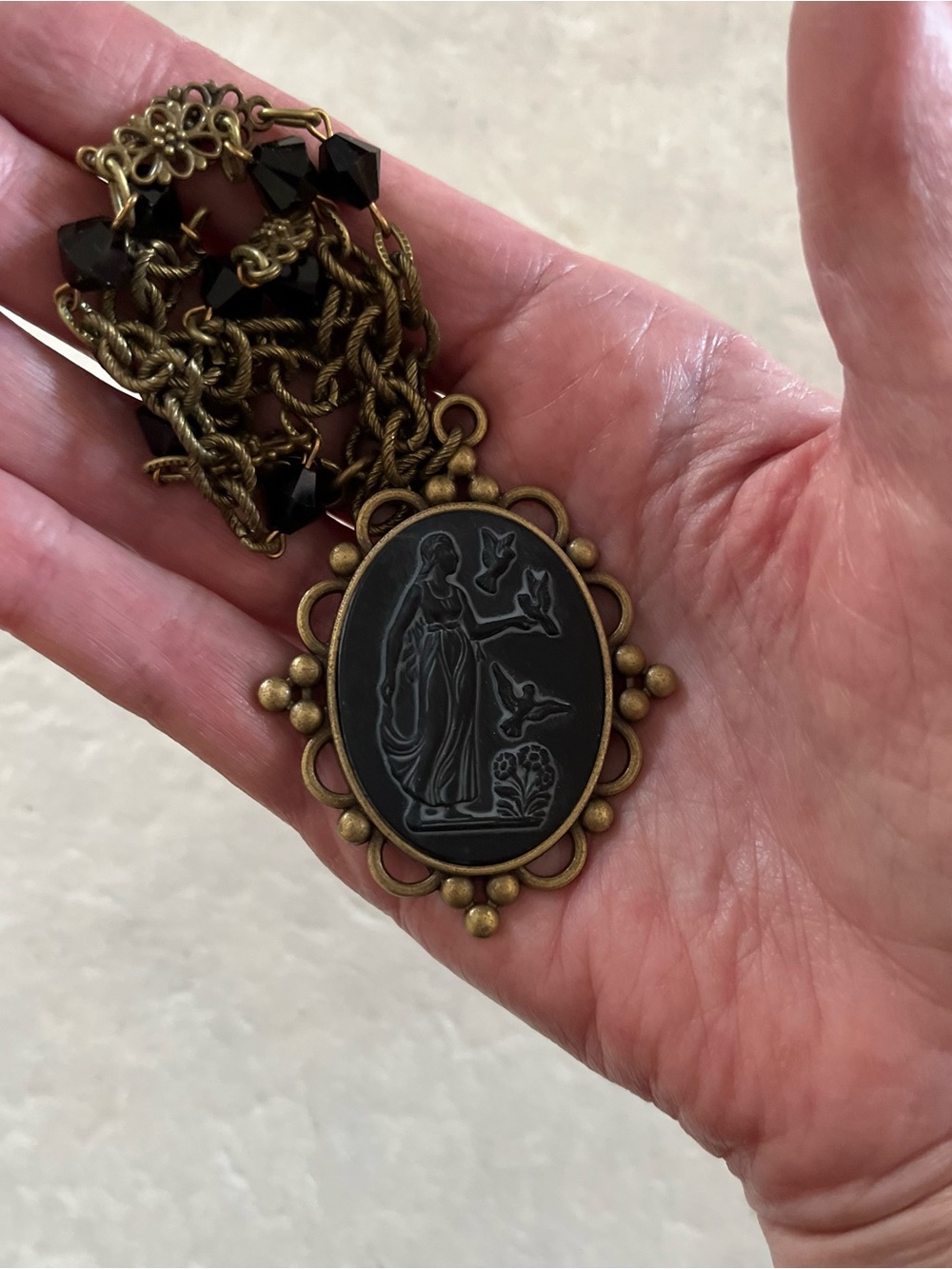 Vintage 1940s Black Glass Goddess Cameo Necklace with Brass Czech Chain - Picture 12 of 16